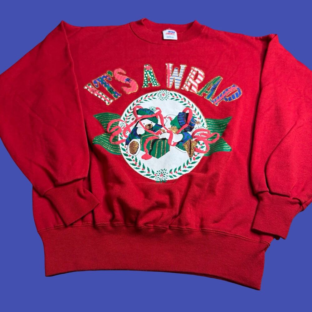 90s "Its A Wrap" Christmas Mens L Red Crewneck Holiday Graphic USA Vtg